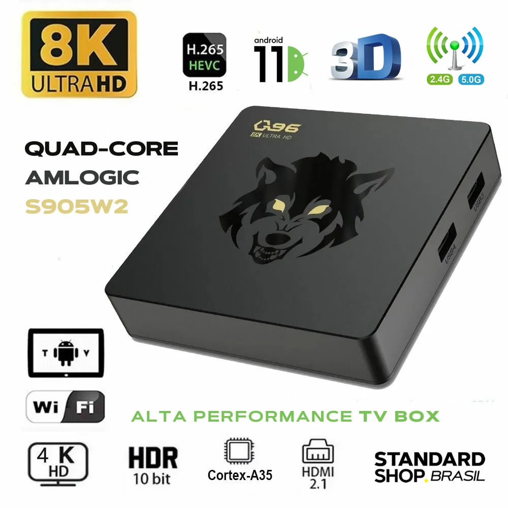 TV Box 8K UHD HDR 3D Android 11 Q96 Smart TV 16GB Amlogic Wolf